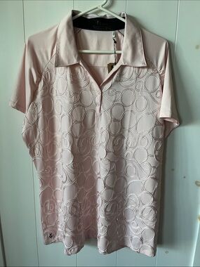 Ladies' Pale Pink Short-Sleeve Button-Down Shirt with Embroidered Circles